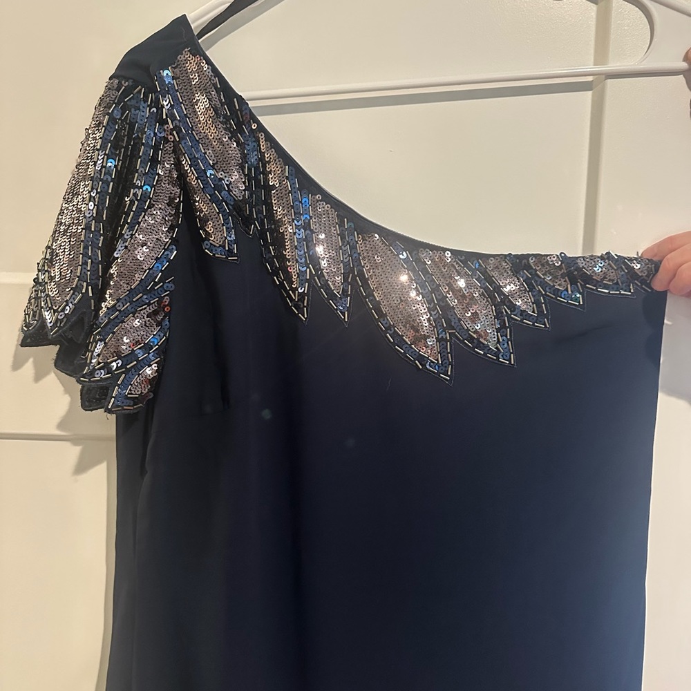 Asymmetrical/One Sequenced Sleeve Mini Dress, Size Large, Gorgeous. Navy.